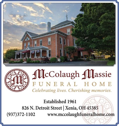 Mccolaugh funeral home inc - Funeral services will be held 1:00 PM Tuesday September 6, 2016 at the McColaugh Funeral Home Inc. 826 N. Detroit St. Xenia, Ohio 45385 with Pastor Ken Day officiating. The family will receive friends Tuesday September 6, 2016 at the McColaugh Funeral Home Inc. 826 N. Detroit St. Xenia, Ohio 45385 from 11:00 AM until 1:00 PM. ...